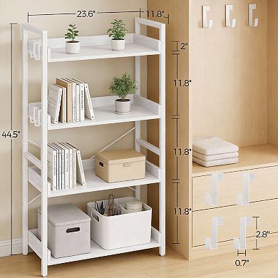 4-Tier Bookshelf with Hooks Metal Frame Open Shelf Storage