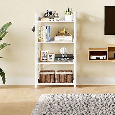 4-Tier Bookshelf with Hooks Metal Frame Open Shelf Storage