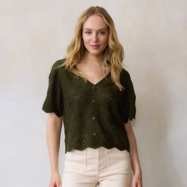 洋楽 KNIT WIT - DA KROW Women's LC Lauren Conrad Short Sleeve Crochet Sweater
