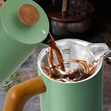 21 Oz French Press Coffee Maker Real Wood Handle Double Wall Dual Filter