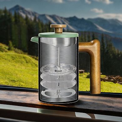 21 Oz French Press Coffee Maker Real Wood Handle Double Wall Dual Filter