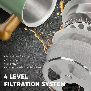 21 Oz French Press Coffee Maker Real Wood Handle Double Wall Dual Filter