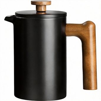 21 Oz French Press Coffee Maker Real Wood Handle Double Wall Dual Filter