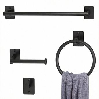 4 pc Bathroom Set 16" Towel Bar Robe Hook Toilet Paper Holder