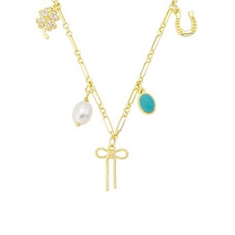 Love This Life® 14k Gold Flash Plated Bow, Simulated Pearl, Simulated Stone & Cubic Zirconia Charm Pendant Necklace