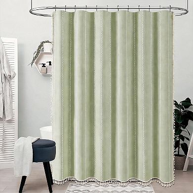 Farmhouse Striped Linen Shower Curtain with Tassel Water Repellent