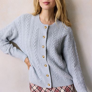 Petite LC Lauren Conrad Crewneck Pointelle Cable Sweater Cardigan