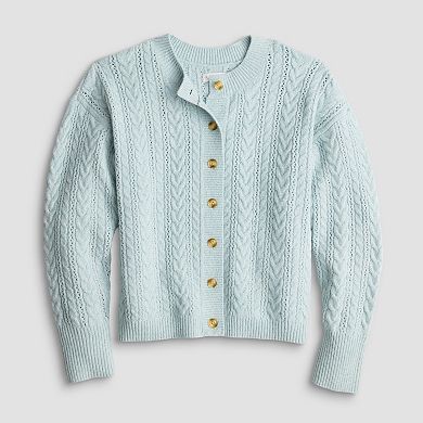 Petite LC Lauren Conrad Crewneck Pointelle Cable Sweater Cardigan