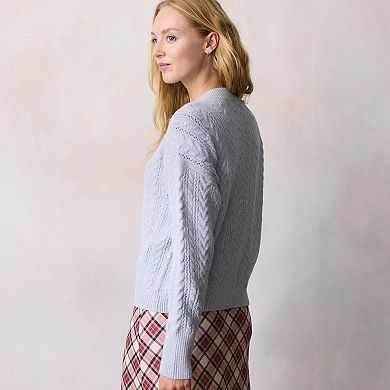 Petite LC Lauren Conrad Crewneck Pointelle Cable Sweater Cardigan