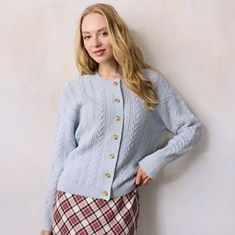 Petite LC Lauren Conrad Crewneck Pointelle Cable Sweater Cardigan