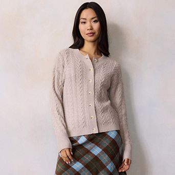 Petite LC Lauren Conrad Crewneck Pointelle Cable Sweater Cardigan