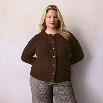 Plus Size LC Lauren Conrad Crewneck Pointelle Cable Sweater Cardigan