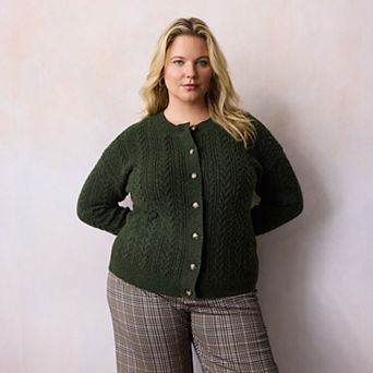 Plus Size LC Lauren Conrad Crewneck Pointelle Cable Sweater Cardigan