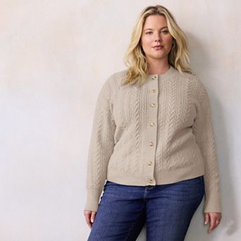 Plus Size LC Lauren Conrad Crewneck Pointelle Cable Sweater Cardigan