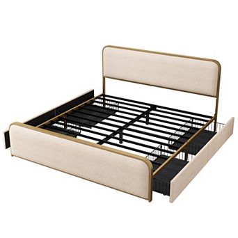 Merax Gold Modern Metal Bed Frame with Curved Upholstered Headboard and Footboard Bed with 4 Storage