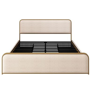 Merax Gold Modern Metal Bed Frame with Curved Upholstered Headboard and Footboard Bed with 4 Storage