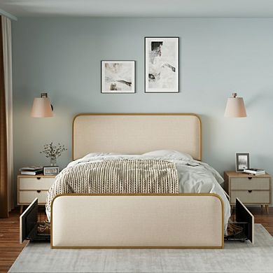 Merax Gold Modern Metal Bed Frame with Curved Upholstered Headboard and Footboard Bed with 4 Storage