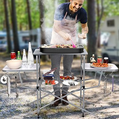 Foldable Camping Table Outdoor Grill Table With Storage Shelves