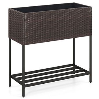 Raised Garden Bed with Storage Shelf Removable Liner and PE Rattan Exterior