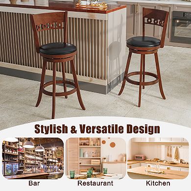 Set Of 2 Swivel Bar Stools With Rubber Wood Frame Upholstered Seat
