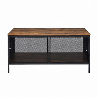GOODSILO Antique Oak Finish Foldable Storage Coffee Table with Metal Mesh Base
