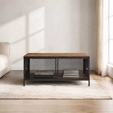 GOODSILO Antique Oak Finish Foldable Storage Coffee Table with Metal Mesh Base