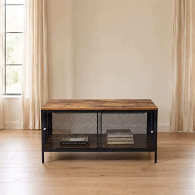 GOODSILO Antique Oak Finish Foldable Storage Coffee Table with Metal Mesh Base