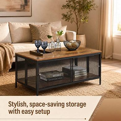 GOODSILO Antique Oak Finish Foldable Storage Coffee Table with Metal Mesh Base