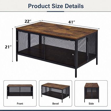 GOODSILO Antique Oak Finish Foldable Storage Coffee Table with Metal Mesh Base