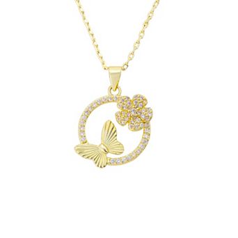 Brilliance 14k Gold Flash Plated Cubic Zirconia Butterfly & Flower Spinner Pendant Necklace