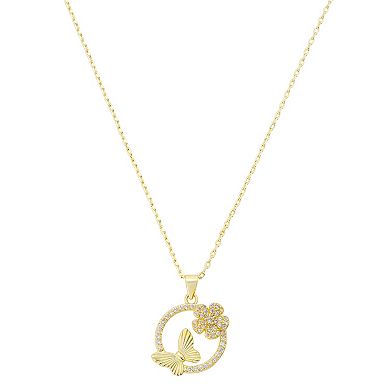 Brilliance 14k Gold Flash Plated Cubic Zirconia Butterfly & Flower Spinner Pendant Necklace
