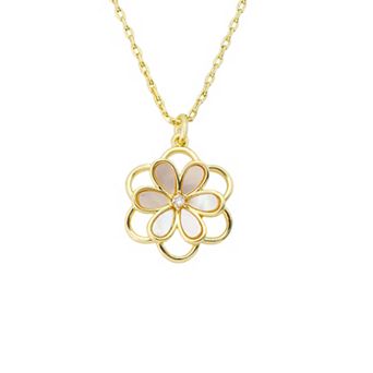 Brilliance 14k Gold Flash Plated Mother-of-Pearl & Cubic Zirconia Flower Spinner Pendant Necklace
