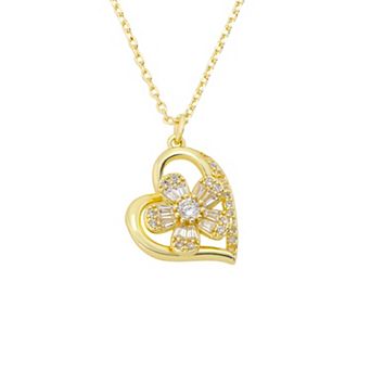 Brilliance 14k Gold Flash Plated Cubic Zirconia Heart & Flower Spinner Pendant Necklace