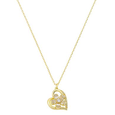Brilliance 14k Gold Flash Plated Cubic Zirconia Heart & Flower Spinner Pendant Necklace