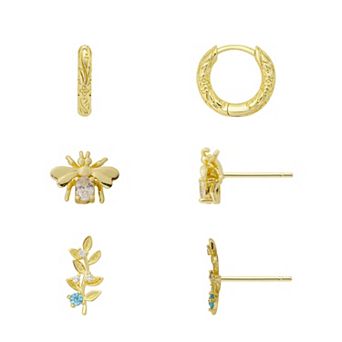 Brilliance 14k Gold Flash Plated Cubic Zirconia Bee, Leaf & Flower Hoop 3-Pair Earring Set