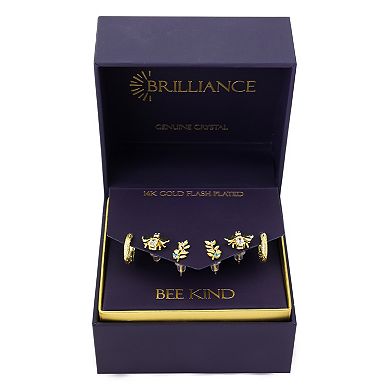 Brilliance 14k Gold Flash Plated Cubic Zirconia Bee, Leaf & Flower Hoop 3-Pair Earring Set