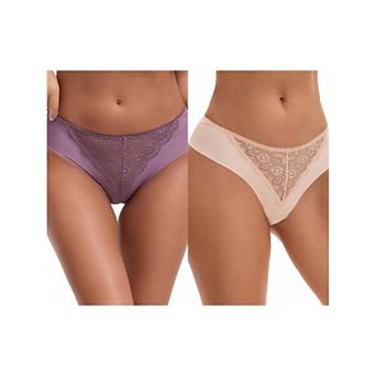 2 Packs Women's Mid Waisted Briefs Smooth Silky Panties Soft Lace Underwear Breathable Underpants