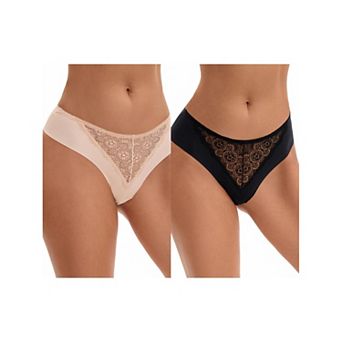 2 Packs Women's Mid Waisted Briefs Smooth Silky Panties Soft Lace Underwear Breathable Underpants