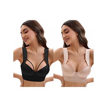 2 Packs Women's Push Up Adjustable Wide Straps Underwire Full Coverage Comfort Bras
