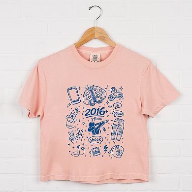 2016 Vibes Sketched Collage - Women's Boxy Crop Top Graphic T-Shirt