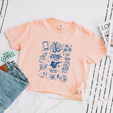 2016 Vibes Sketched Collage - Women's Boxy Crop Top Graphic T-Shirt