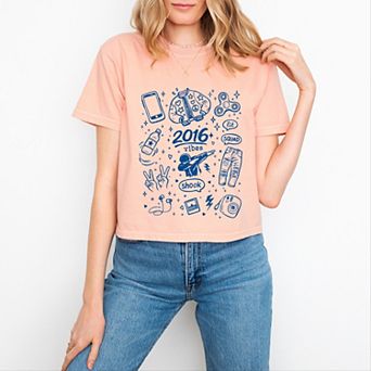 2016 Vibes Sketched Collage - Women's Boxy Crop Top Graphic T-Shirt
