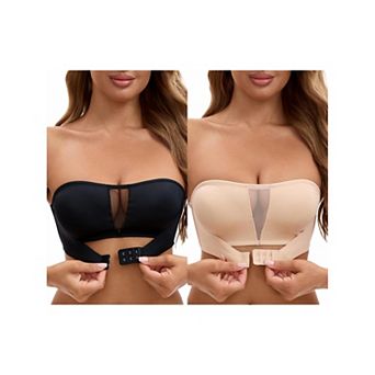 2 Packs Women's Mesh Front Closure Push Up Wirefree Bandeau Strapless Breathable Tube Bras