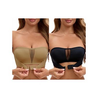 2 Packs Women's Mesh Front Closure Push Up Wirefree Bandeau Strapless Breathable Tube Bras
