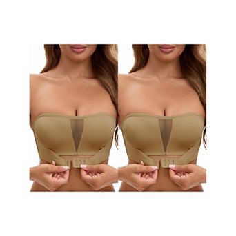2 Packs Women's Mesh Front Closure Push Up Wirefree Bandeau Strapless Breathable Tube Bras