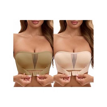 2 Packs Women's Mesh Front Closure Push Up Wirefree Bandeau Strapless Breathable Tube Bras