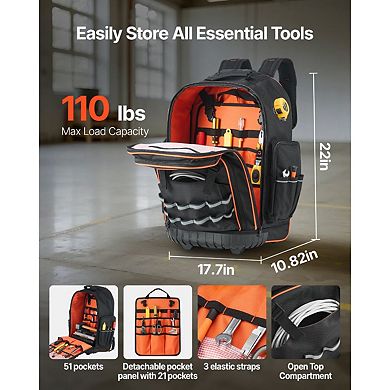 2-Level Handle Rolling Tool Backpack with Detachable Compartment for Tools - Black and Orange