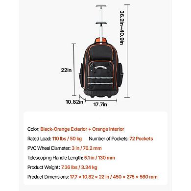 2-Level Handle Rolling Tool Backpack with Detachable Compartment for Tools - Black and Orange