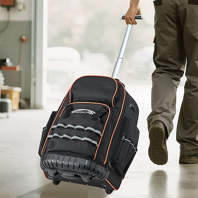 2-Level Handle Rolling Tool Backpack with Detachable Compartment for Tools - Black and Orange