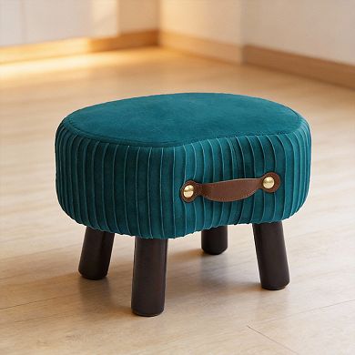 Velvet Footstool Handle Curved Wood Legs Portable 16.54"D x 12.2"W x 5.91"H